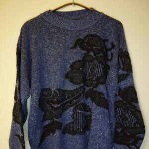 Vintage Knit Sweater Pullover, heather blue with floral pattern - Acrylic